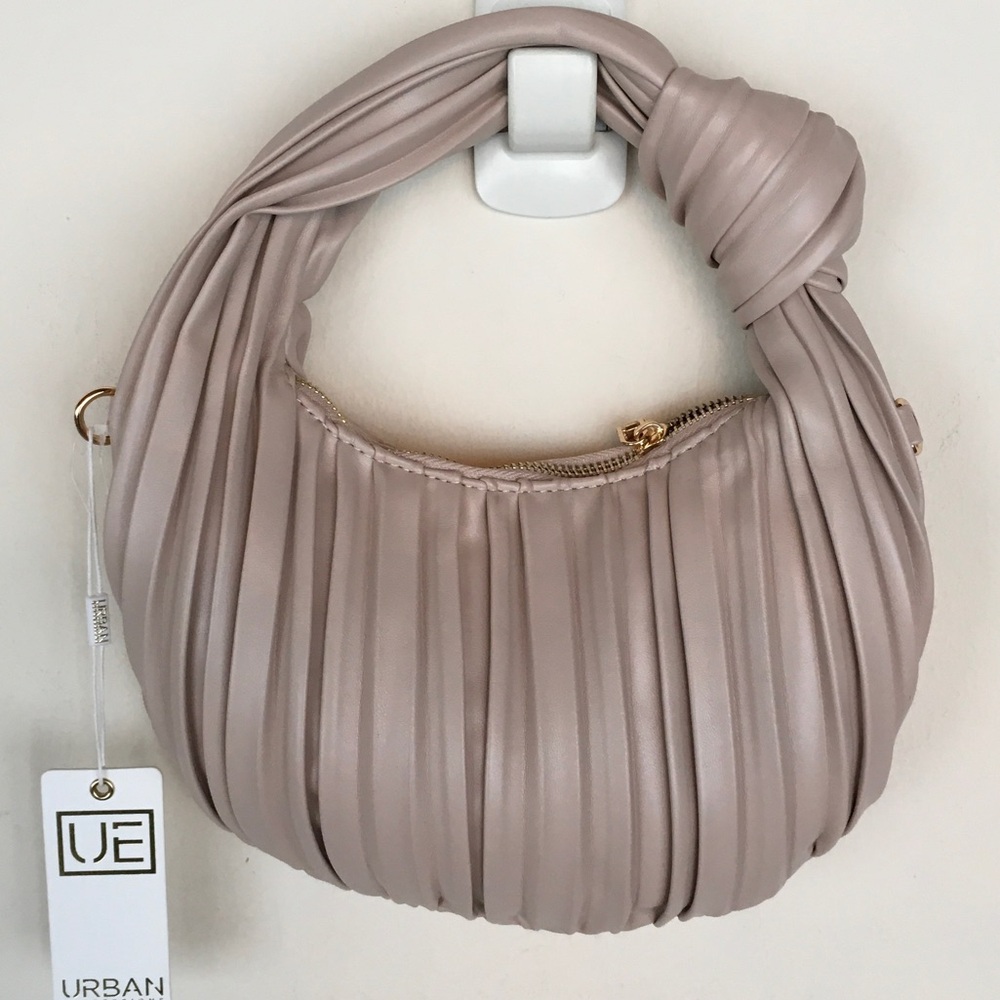 Taupe Pleated Knotted Handle Shoulder Bag